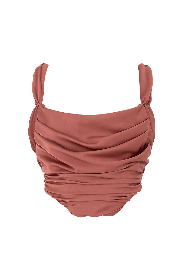 Corsetto drappeggiato in raso rosa con scollo drappeggiato
