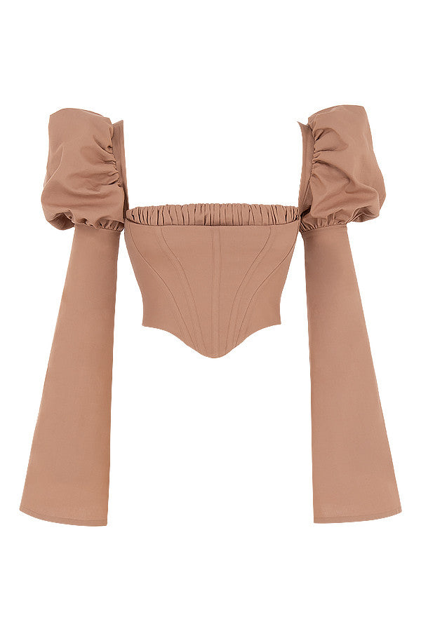 Corsetto in misto lino color moka con maniche svasate