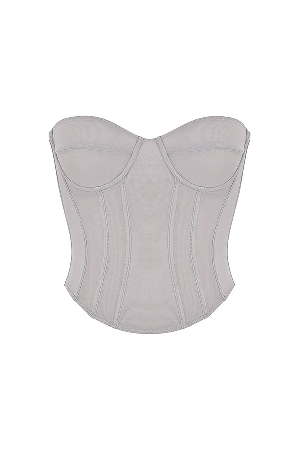 Corsetto grigio con ferretto e maxi gonna plissettata in raso