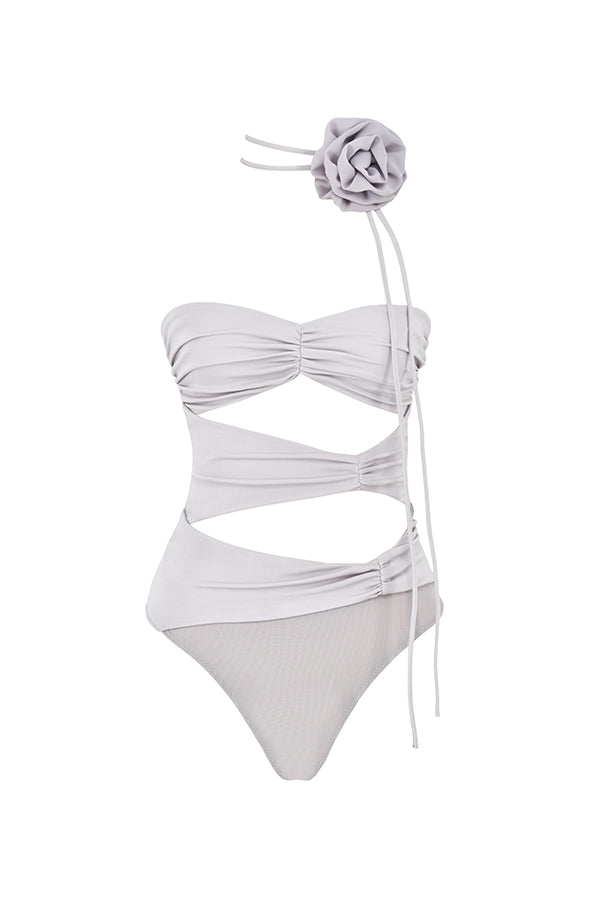 Body grigio con finiture floreali e pantaloni in raso