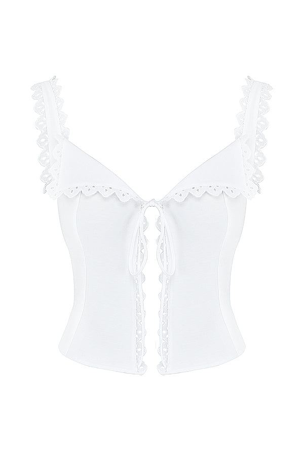 Top in pizzo bianco con minigonna a trapezio in lino