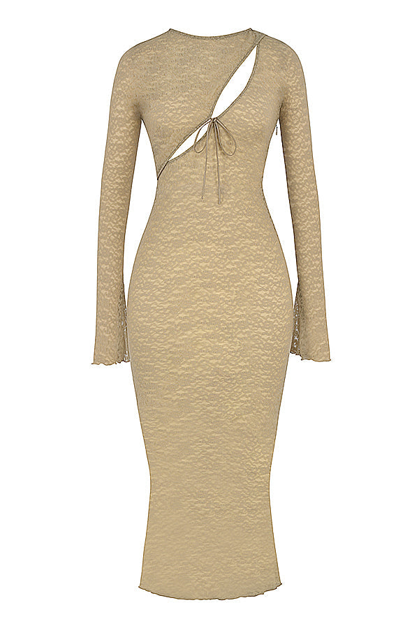 Maxi vestito color pietra con pizzo floreale