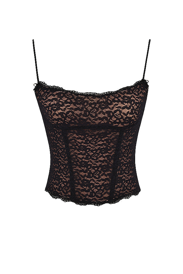 Corsetto in pizzo nero con gonna midi in raso