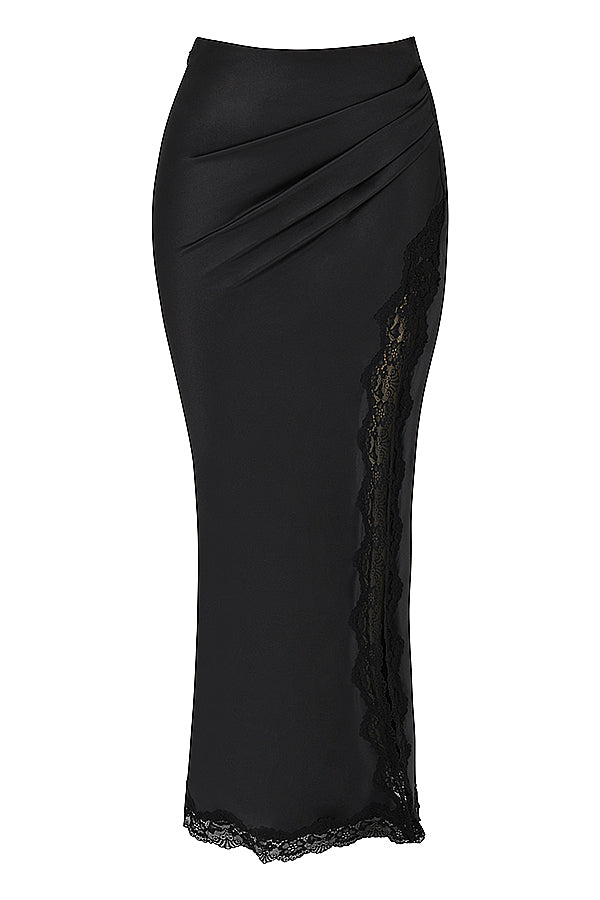 Corsetto in pizzo nero con gonna midi in raso