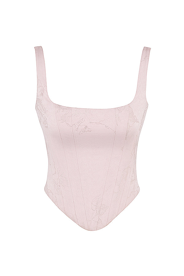 Corsetto lungo in raso floreale rosa con gonna midi