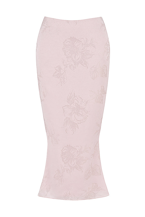 Corsetto lungo in raso floreale rosa con gonna midi