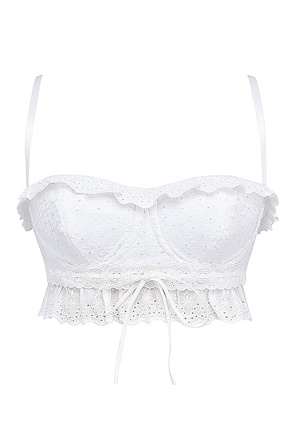 Top bralette in pizzo sangallo bianco con pantaloni
