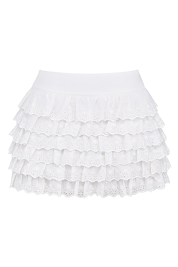 Corsetto bianco in pizzo sangallo con minigonna a strati
