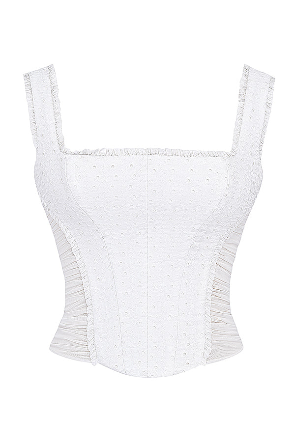 Corsetto bianco in pizzo sangallo con minigonna a strati