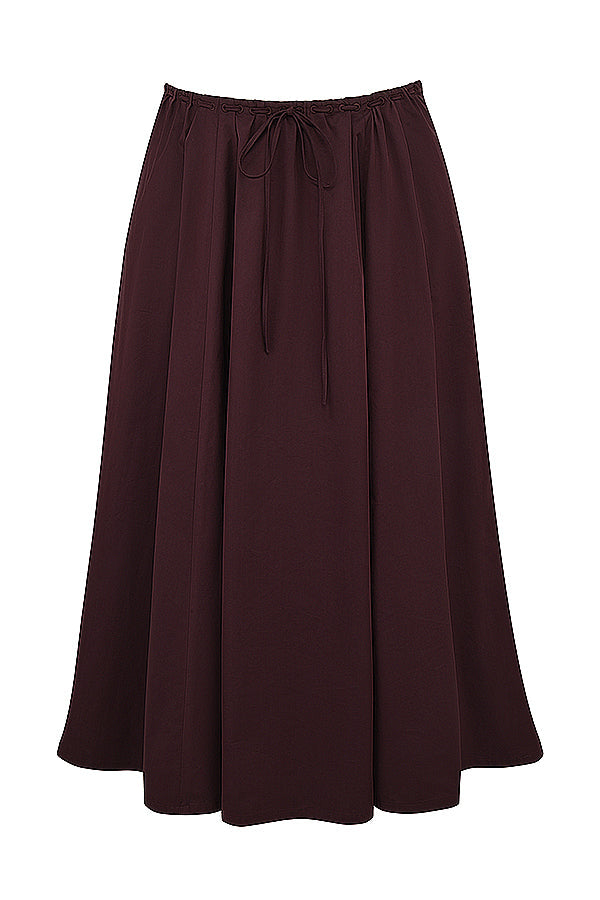 Top con volant in marrone scuro e gonna midi con volant