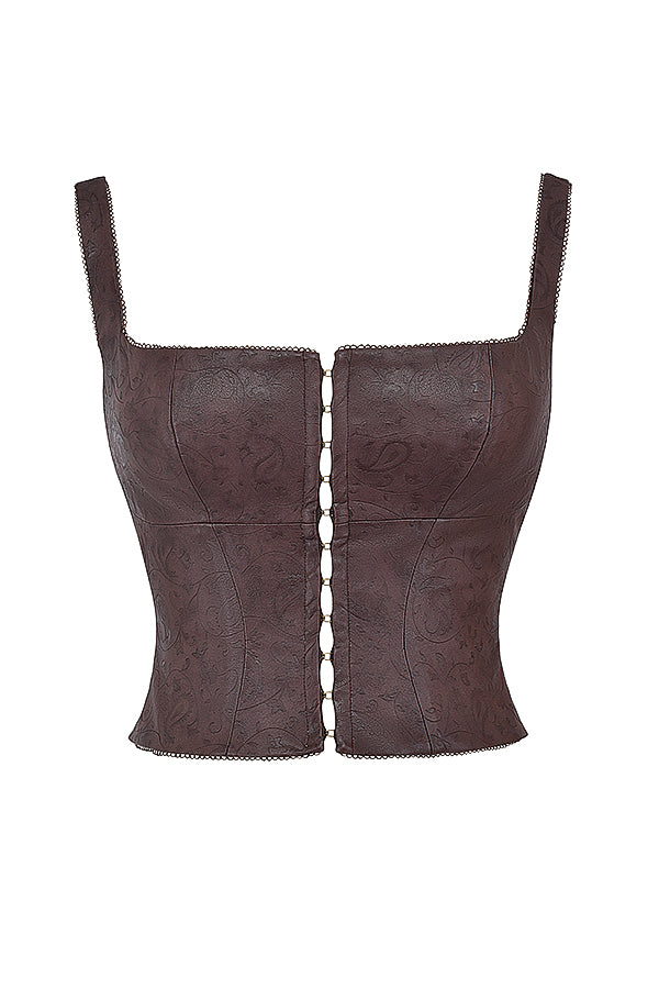 Corsetto marrone realizzato in pelle vegana