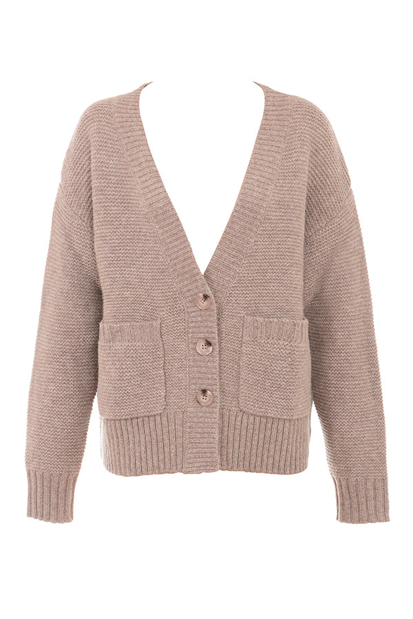 Cardigan Barley a grana grossa realizzato in lana naturale con bralette e leggings
