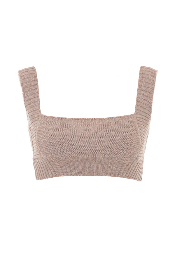 Cardigan Barley a grana grossa realizzato in lana naturale con bralette e leggings
