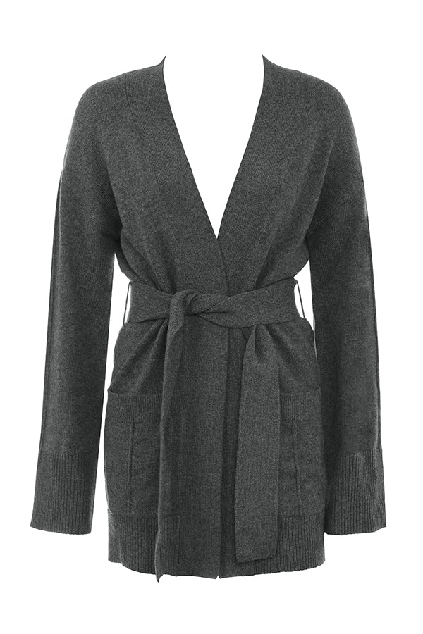 Cardigan in misto cashmere color antracite con cintura, bralette e pantaloni