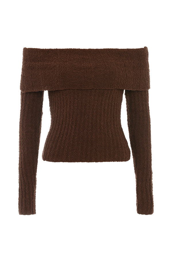 Top in morbida maglia bouclé color cioccolato con maxi gonna in cotone