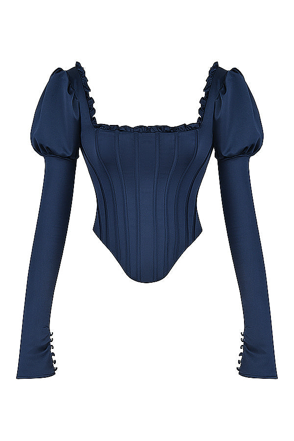 Corsetto blu navy con maniche a sbuffo e maxi gonna in raso con taglio in sbieco