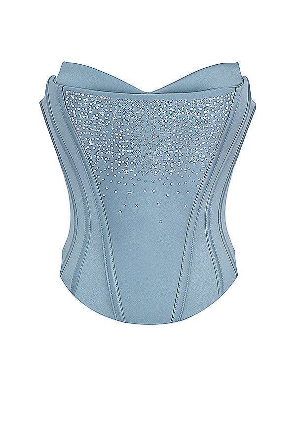 Corsetto in raso decorato blu freddo con gonna