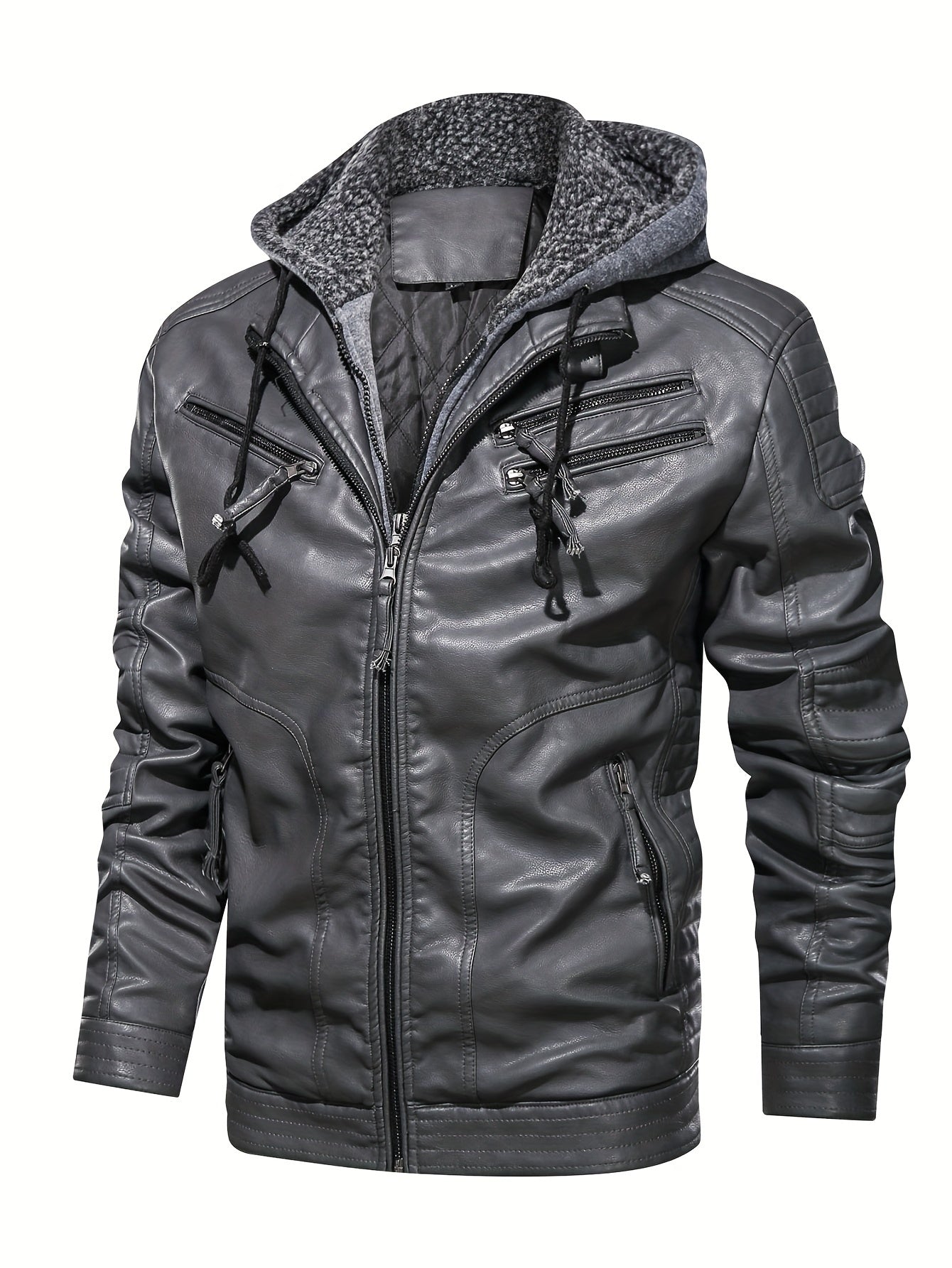 Giubbotto biker in pelle grigia con cappuccio
