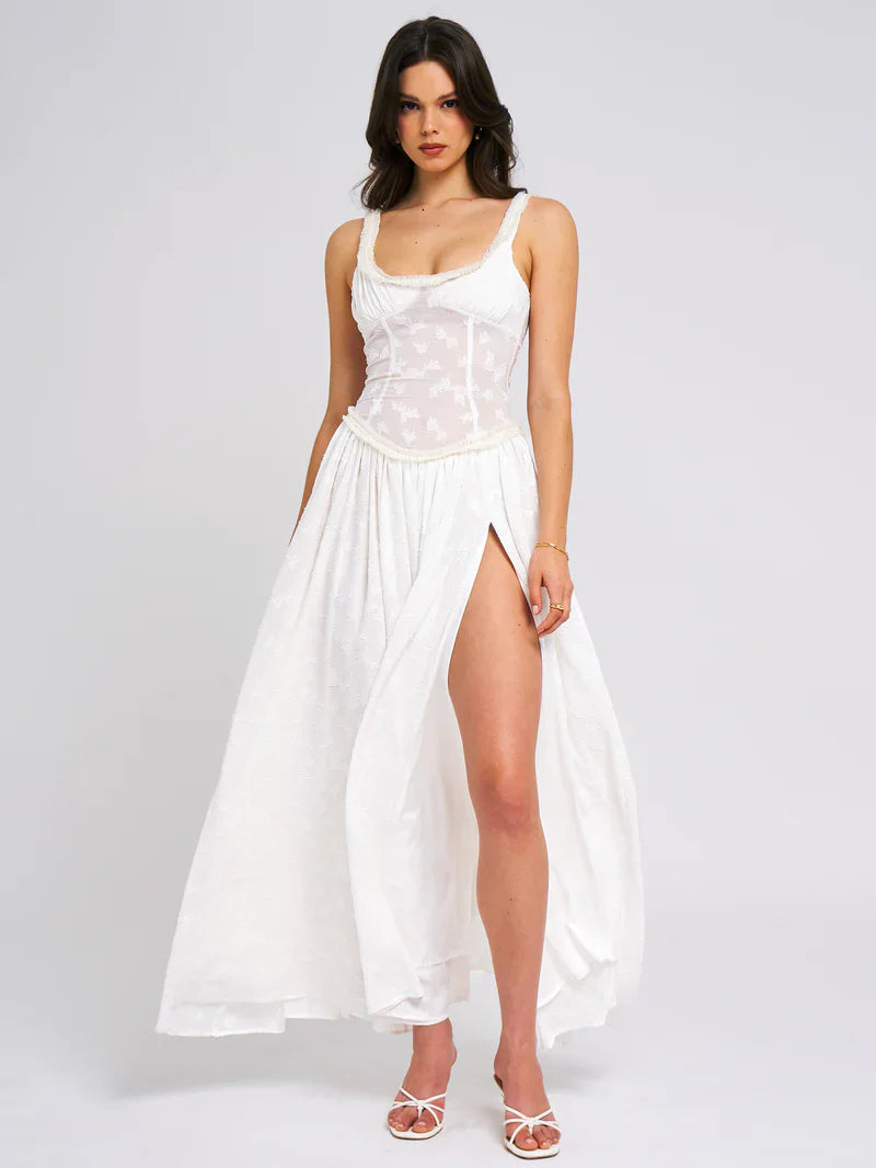 Abito lungo con scollo Quadrato e spacco profondo in jacQuard testurizzato