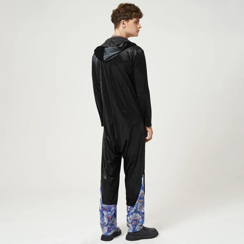 Tuta in velluto patchwork losse con cappuccio