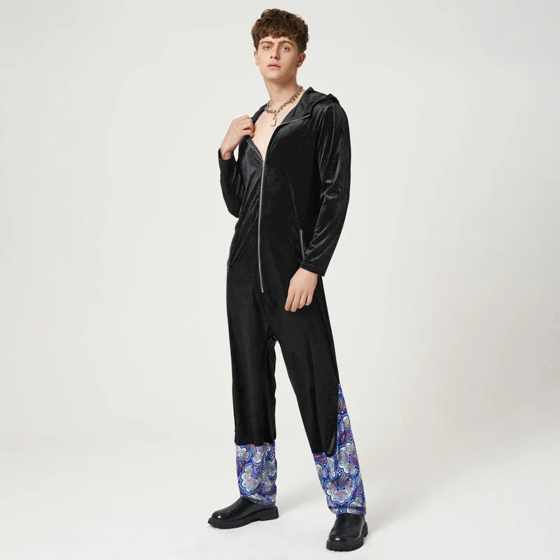 Tuta in velluto patchwork losse con cappuccio