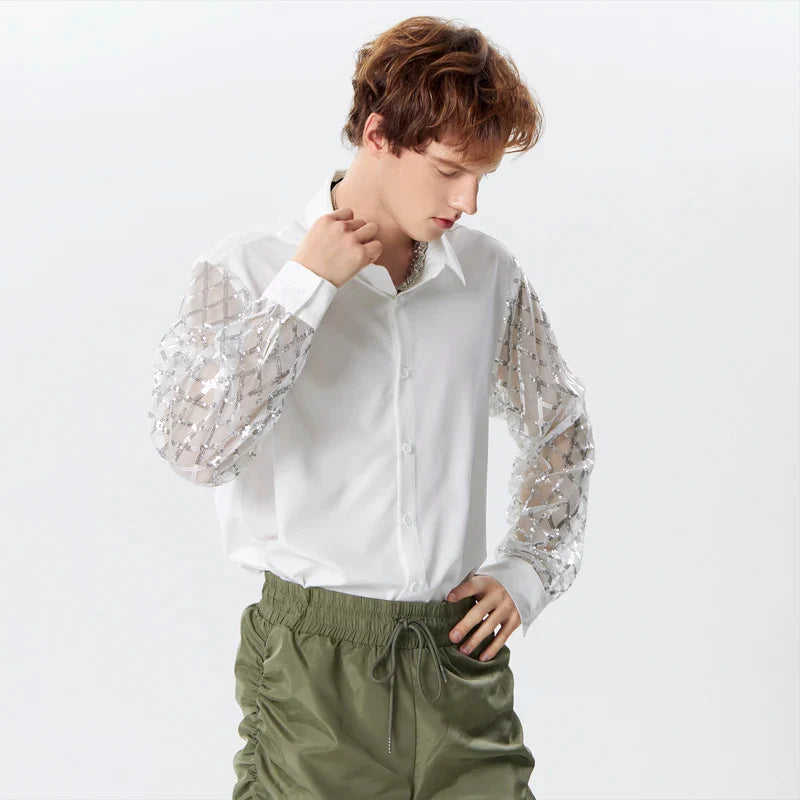 Camicia in rete patchwork di paillettes lucide