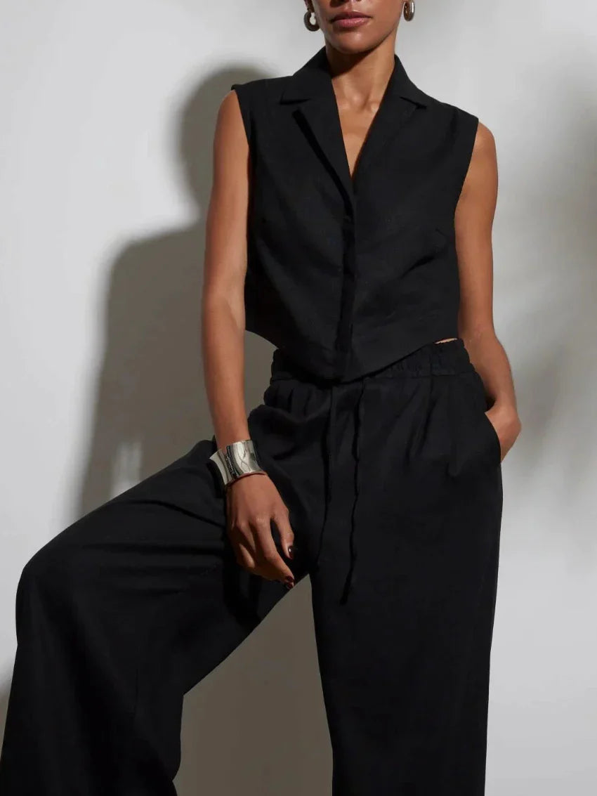 Cardigan chic e tailleur pantalone in lino e cotone