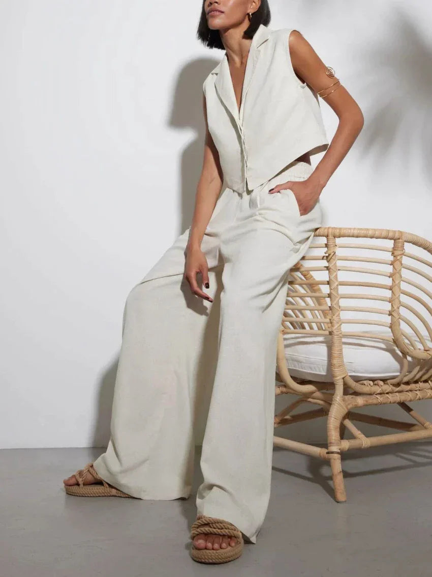 Cardigan chic e tailleur pantalone in lino e cotone