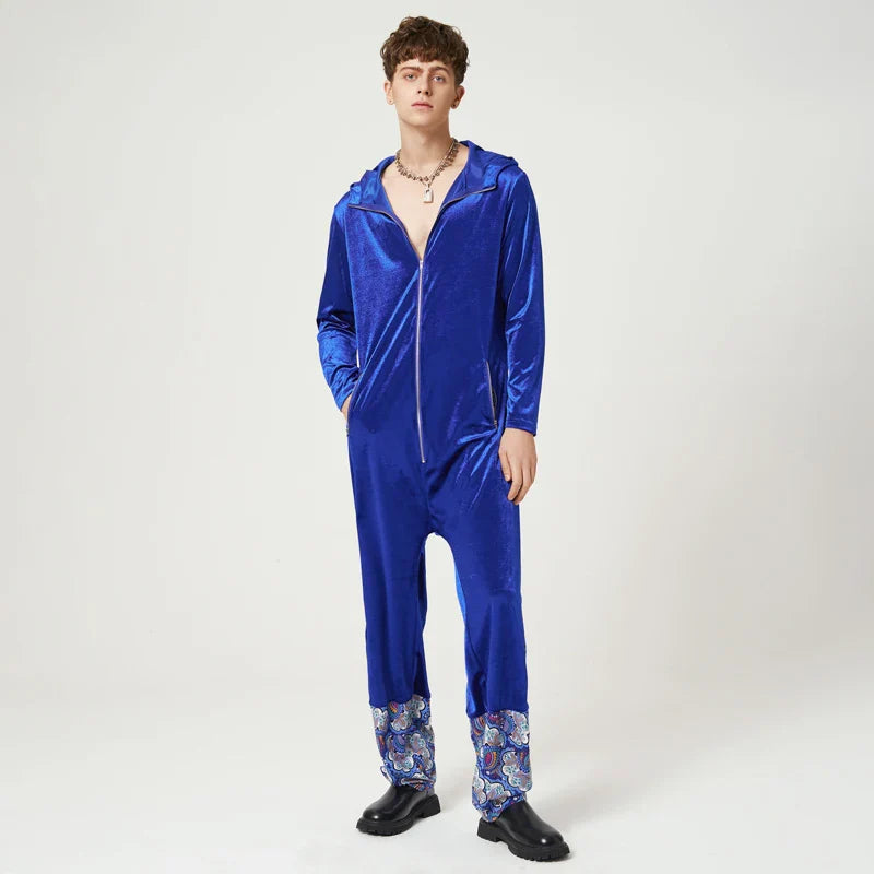 Tuta in velluto patchwork losse con cappuccio