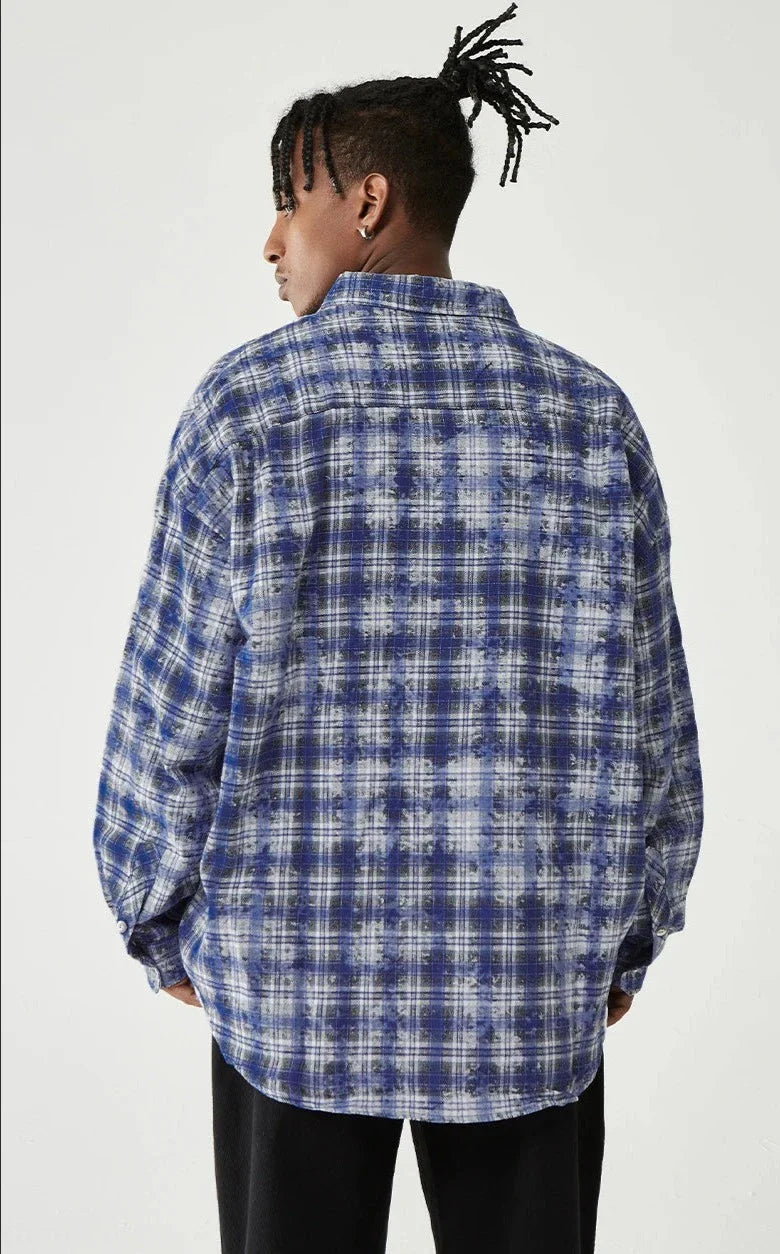 Camicia oversize blu a quadri con maniche lunghe