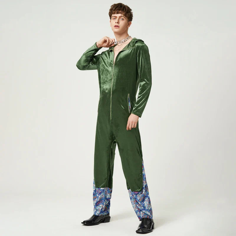 Tuta in velluto patchwork losse con cappuccio