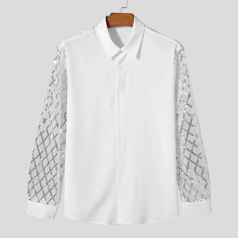 Camicia in rete patchwork di paillettes lucide