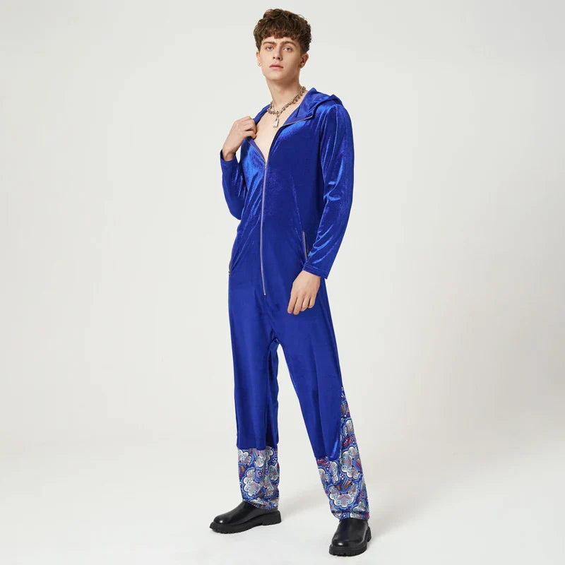 Tuta in velluto patchwork losse con cappuccio