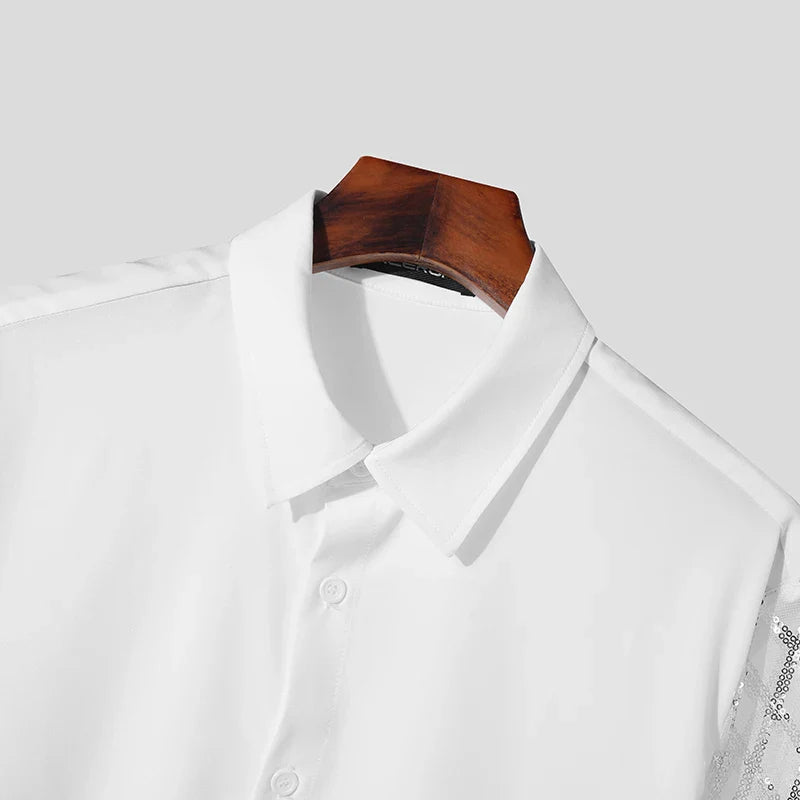 Camicia in rete patchwork di paillettes lucide