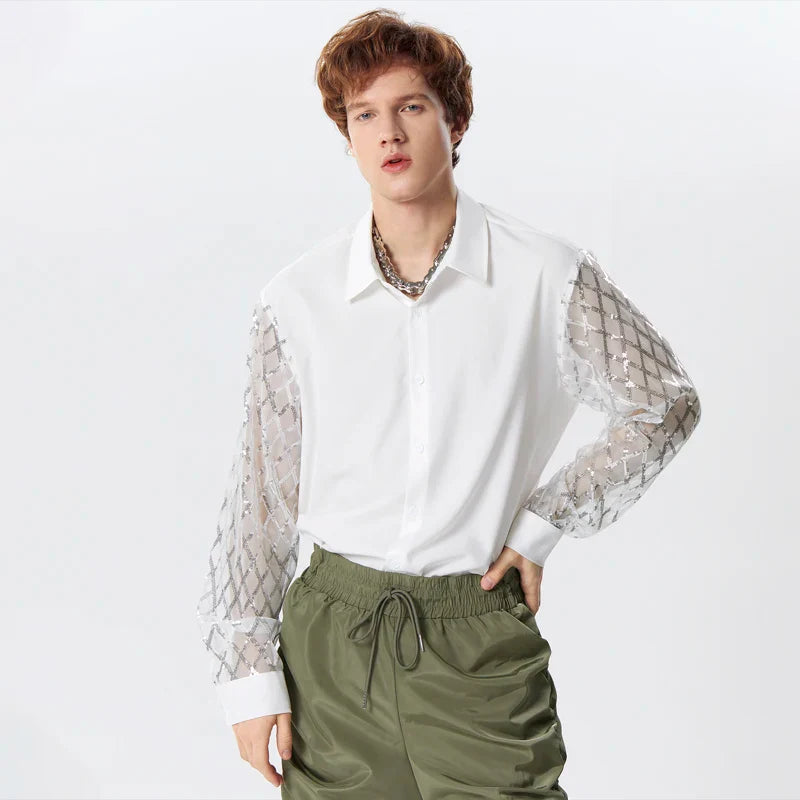 Camicia in rete patchwork di paillettes lucide