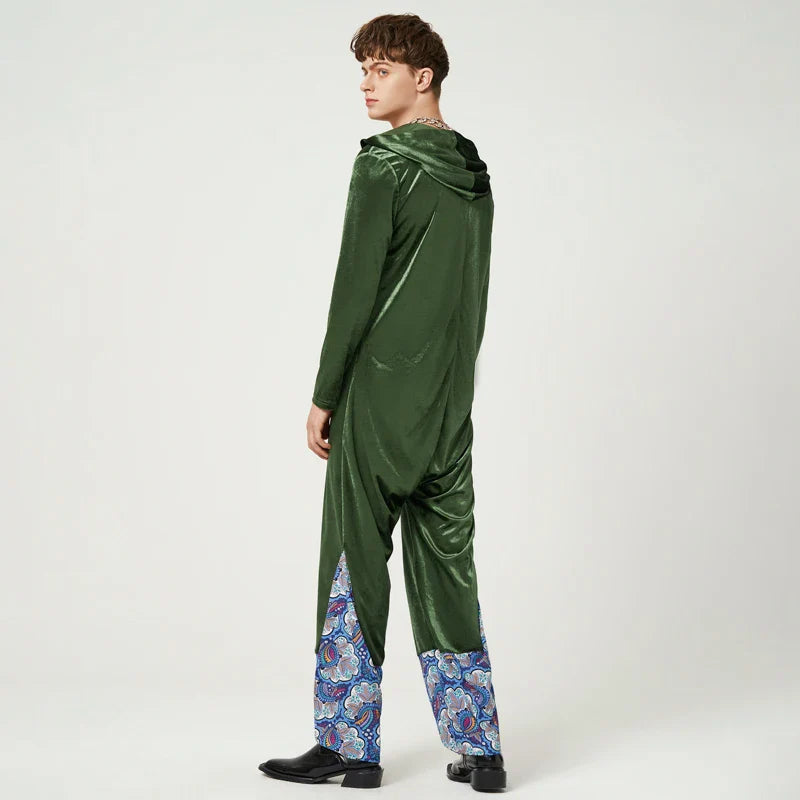 Tuta in velluto patchwork losse con cappuccio