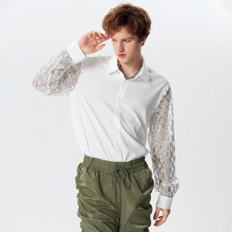 Camicia in rete patchwork di paillettes lucide