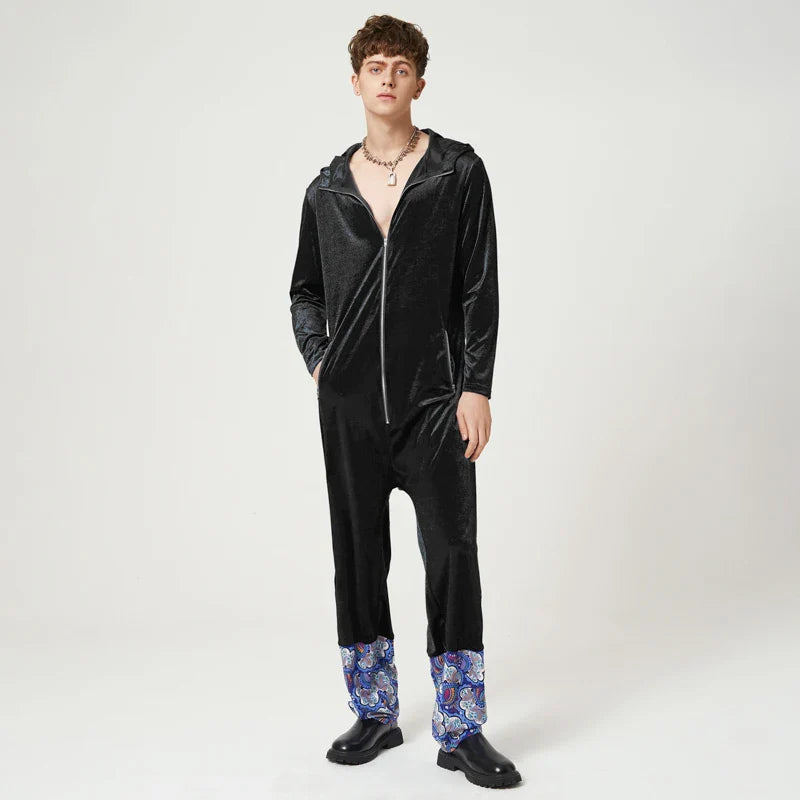 Tuta in velluto patchwork losse con cappuccio