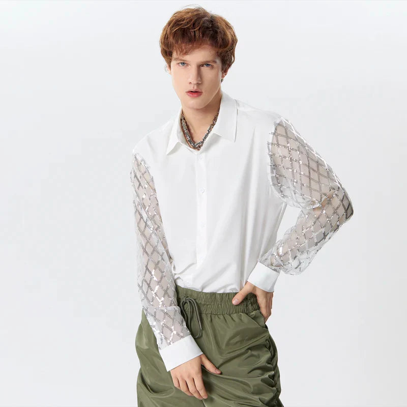 Camicia in rete patchwork di paillettes lucide