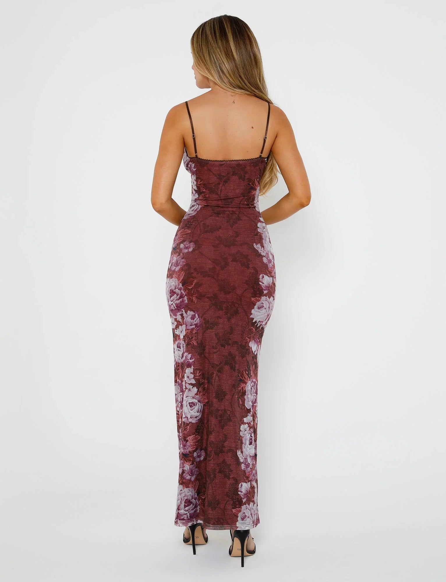 Vestito floreale in pizzo rosso scuro