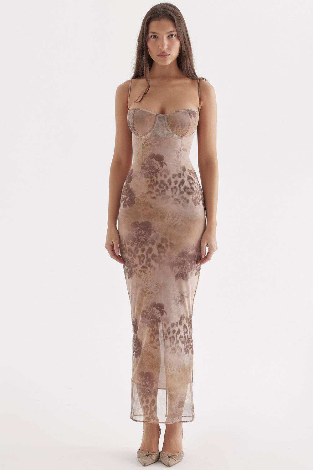 Maxi vestito color panna con stampa floreale