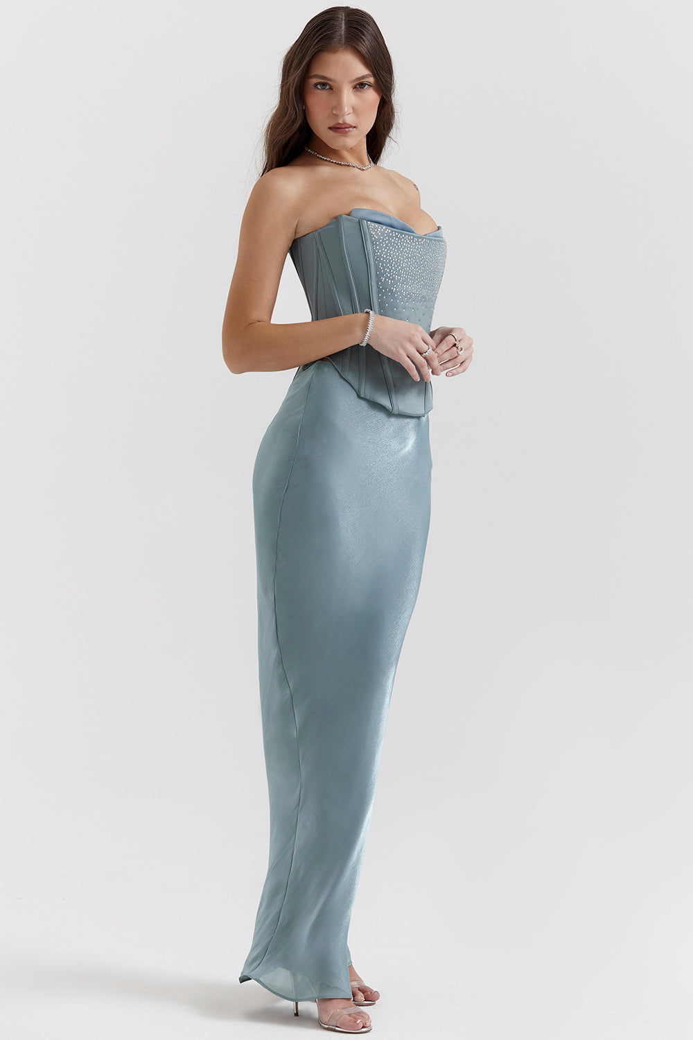 Corsetto in raso decorato blu freddo con gonna