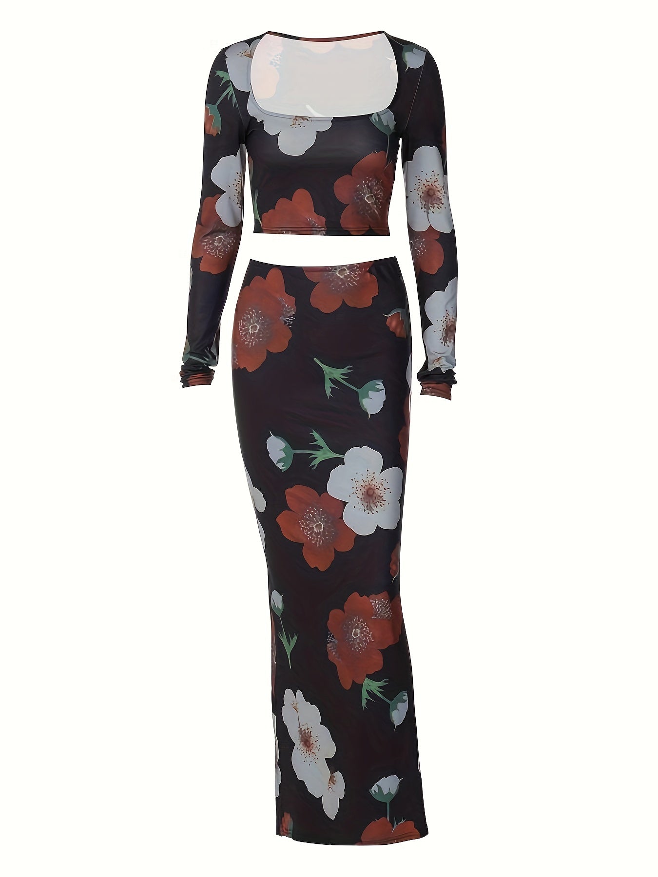 Set floreale nero con top corto e gonna lunga