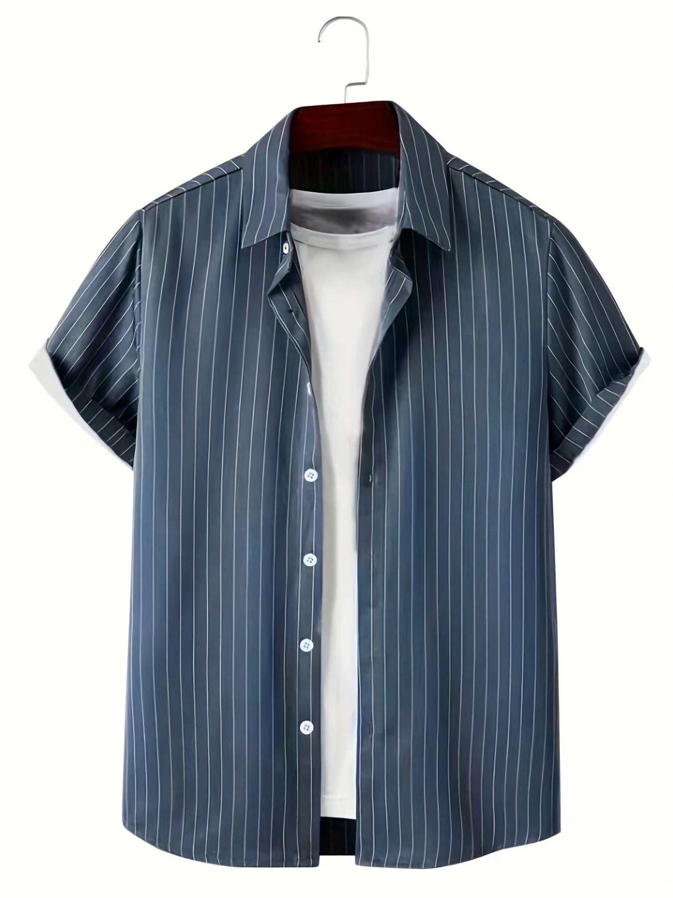 Camicia casual a righe non elasticizzata con maniche corte e bottoni da uomo