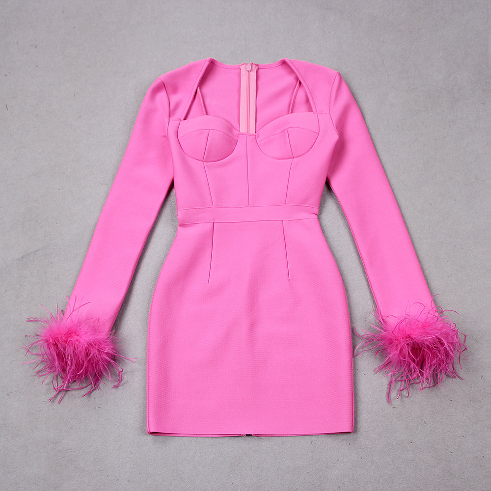 Vestito a maniche lunghe con piume