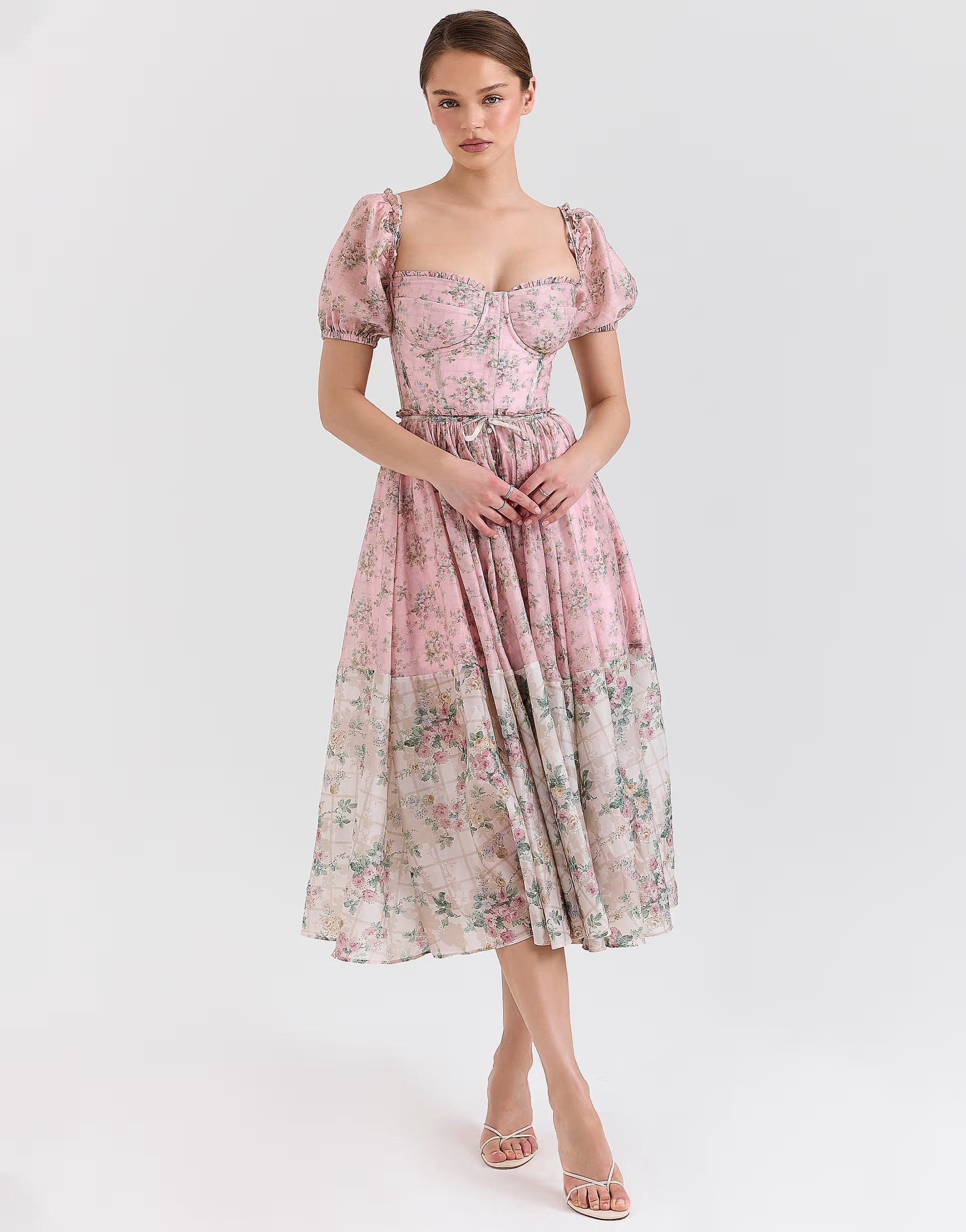 Abito midi in chiffon floreale rosa