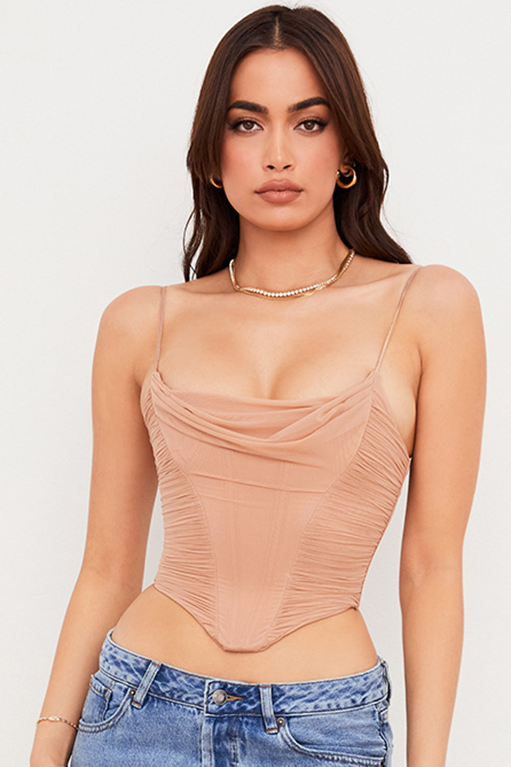 Corsetto drappeggiato in rete beige