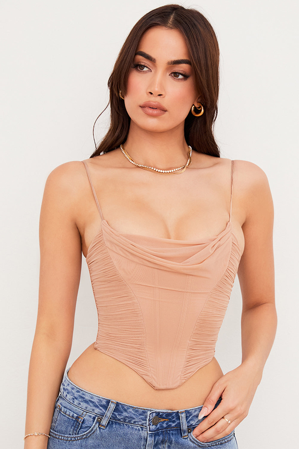 Corsetto drappeggiato in rete beige