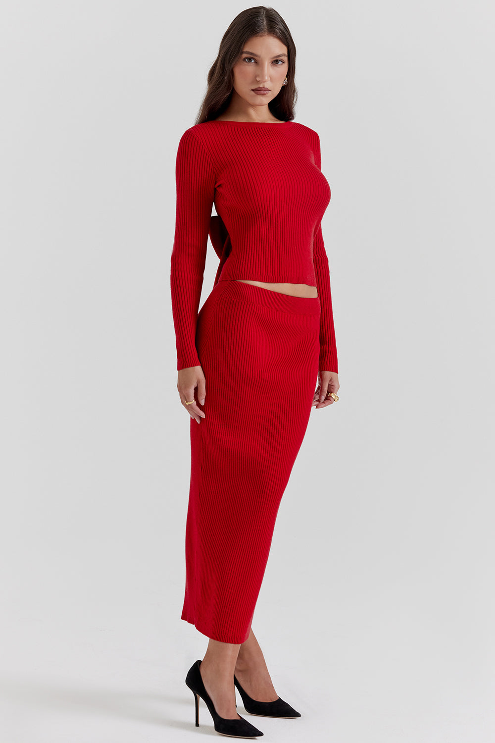 Maglia in misto cashmere rosso scarlatto con fiocco