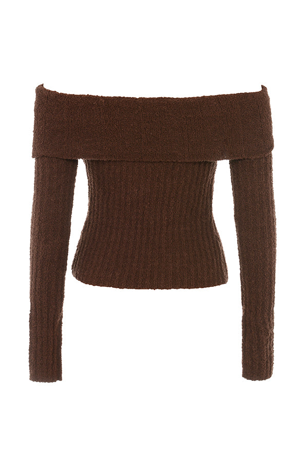 Top in morbida maglia bouclé color cioccolato con maxi gonna in cotone